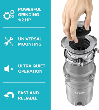 KRAUS® WasteGuard™ High-Speed 1/2 HP Continuous Feed Ultra-Quiet Motor Garbage Disposal with Power