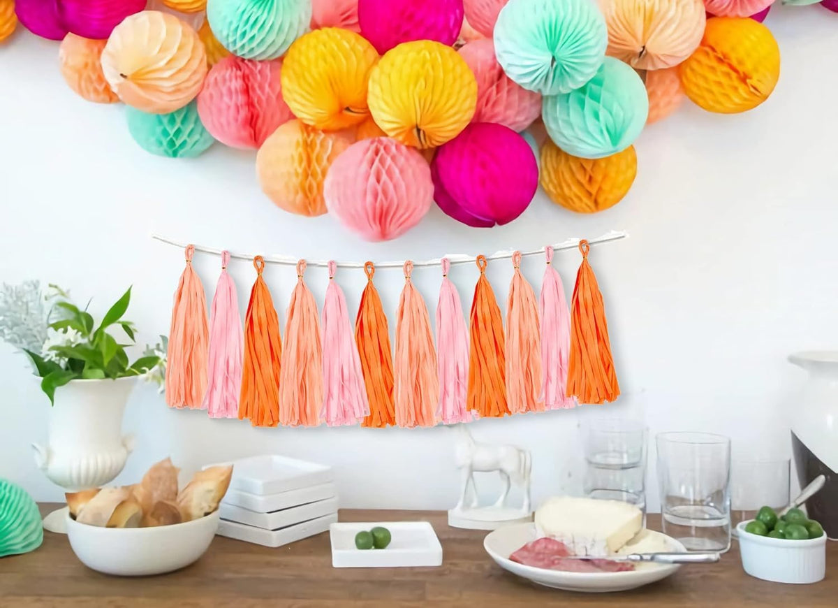 Pink and Orange Paper Tissue Tassel Garland Banner for Pink and Orange Decorations,Rose red Pink