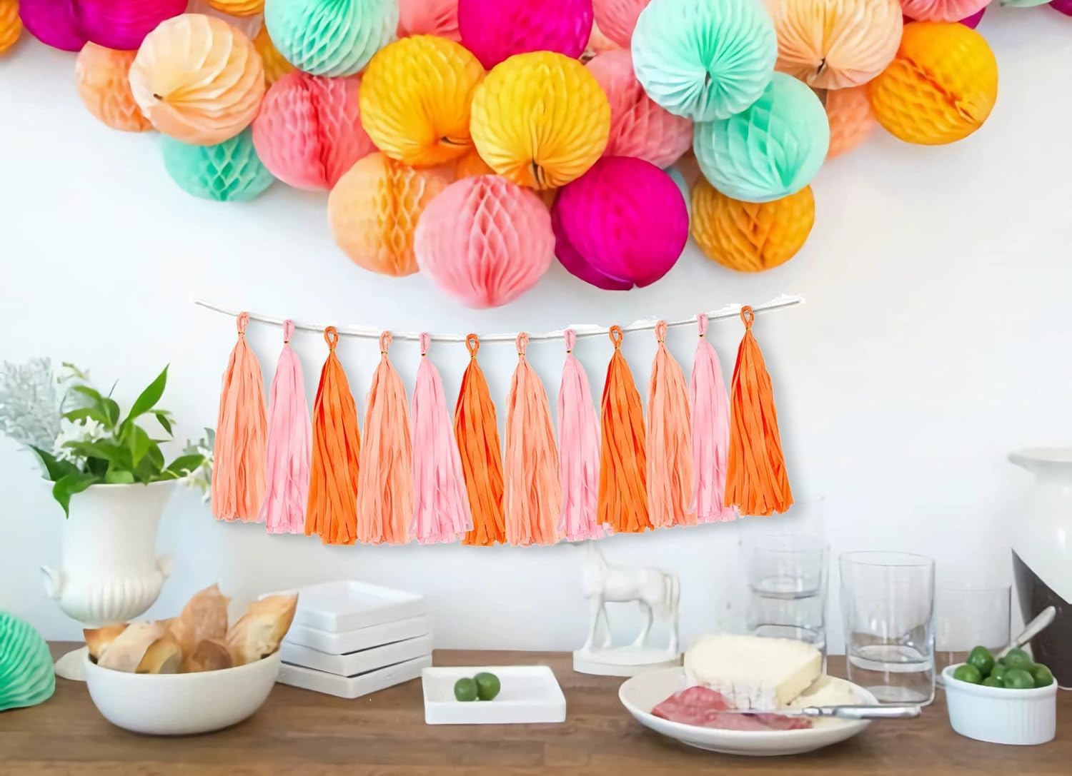 Pink and Orange Paper Tissue Tassel Garland Banner for Pink and Orange Decorations,Rose red Pink