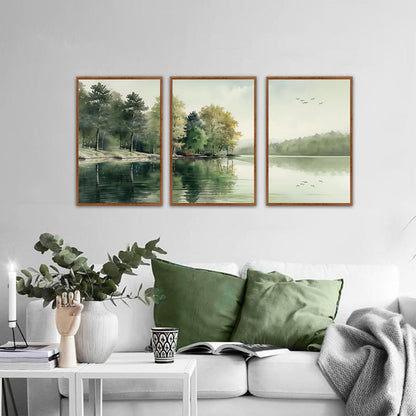 KAIRNE Framed Nature Canvas Wall Art Set,Misty Forest Wall Decor,Green Mountain Forest
