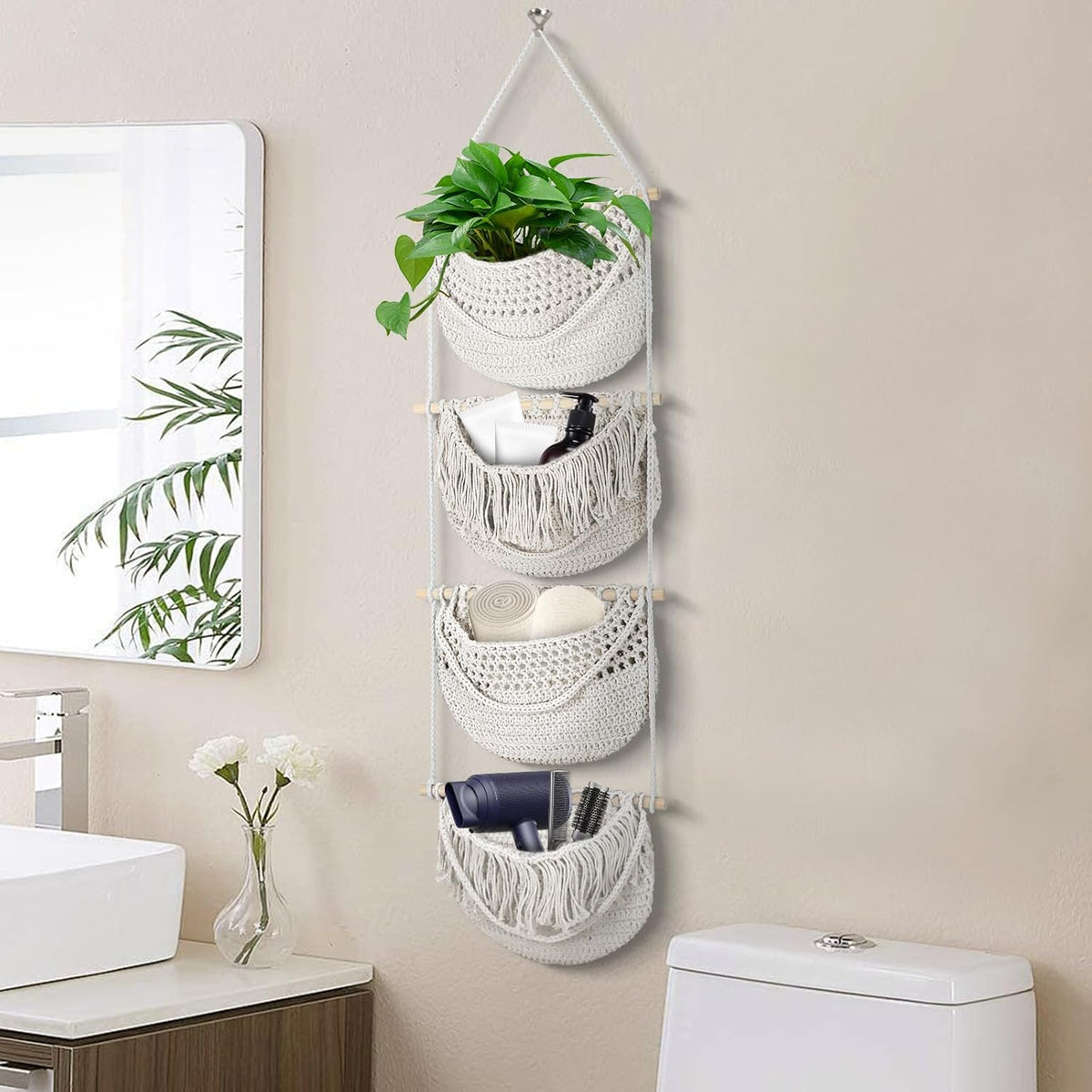 4 Tier Hanging Fruit Basket for Kitchen, 4 Pack Detachable Cotton Crocheted Wall Hanging Baskets