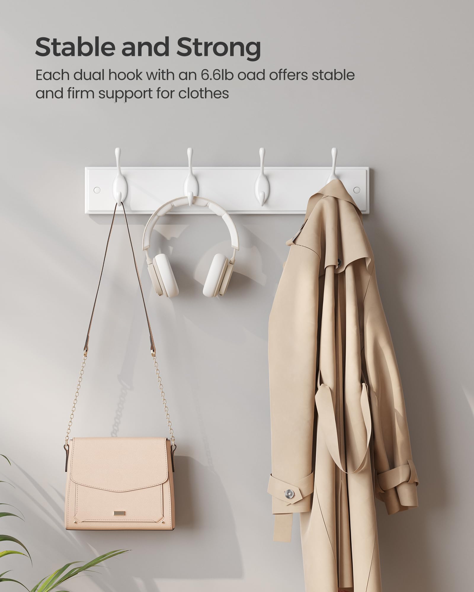SONGMICS Wall-Mounted Coat Rack, Hook Rack, 4 Dual Metal Hooks, White