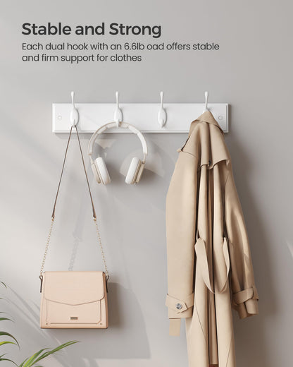 SONGMICS Wall-Mounted Coat Rack, Hook Rack, 4 Dual Metal Hooks, White