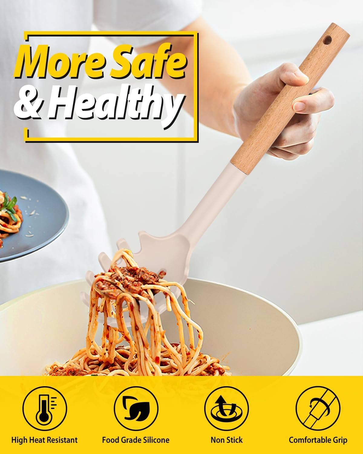 Silicone Pasta Fork and Ladle Spoon Set with Wooden Handle, Heat Resistant Non Stick Kitchen
