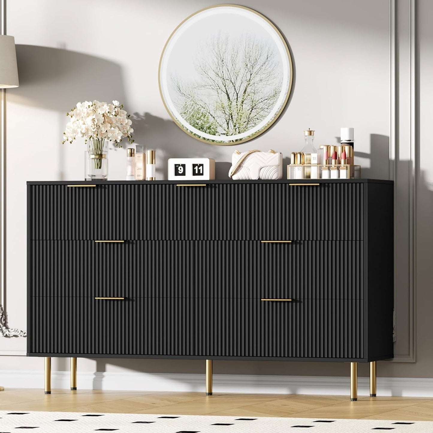 7 Drawers Dresser for Bedroom, Fluted Dresser Chest of Drawers with Gold Handle, Wood Modern