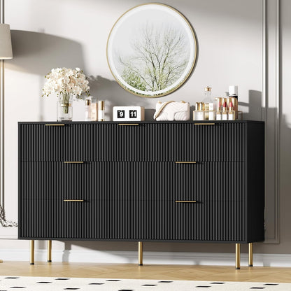 7 Drawers Dresser for Bedroom, Fluted Dresser Chest of Drawers with Gold Handle, Wood Modern