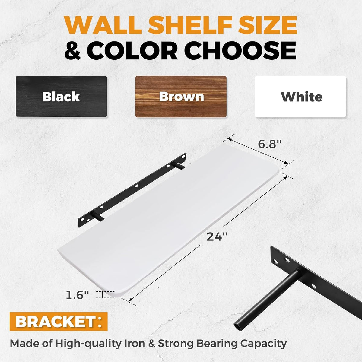 24"x6.8"x1.6" Slanted Floating Wall Shelves 2-Pack - Rustic White Finish, Heavy-Duty Solid Wood
