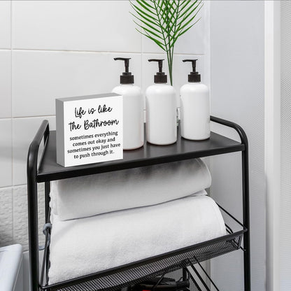 Life Is Like The Bathroom - Black and White Bathroom Decor Sign, Funny Wooden Box for Home