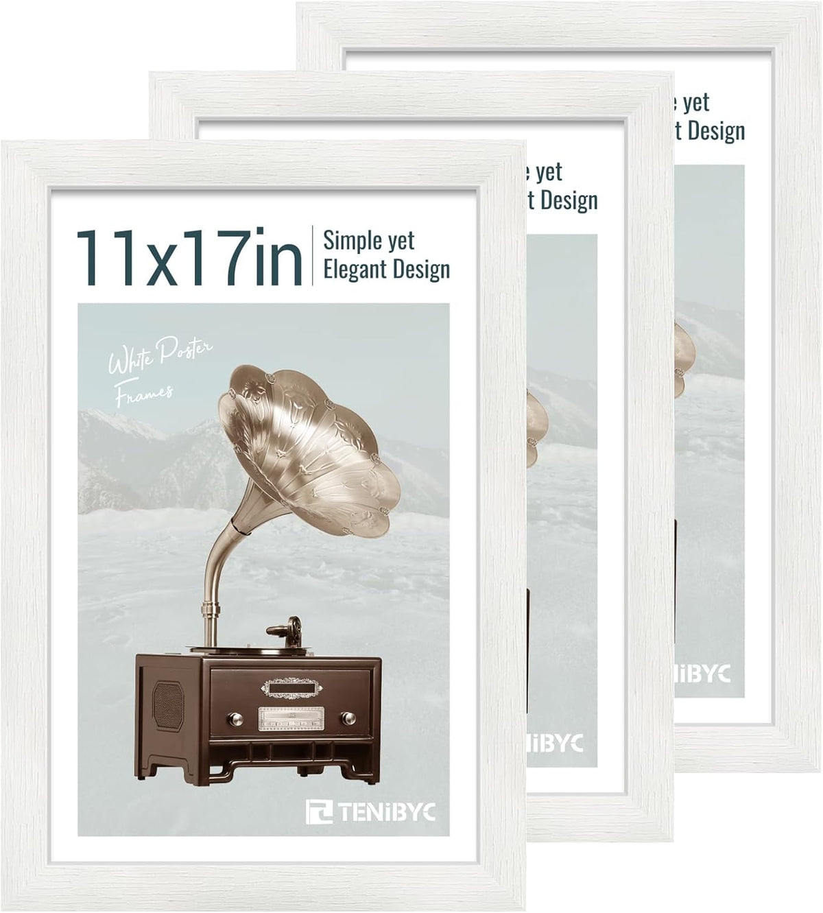 11x17 Picture Frame 3 Pack - White Woodgrain, Solid Wood & HD Tempered Glass, Wall Gallery Poster