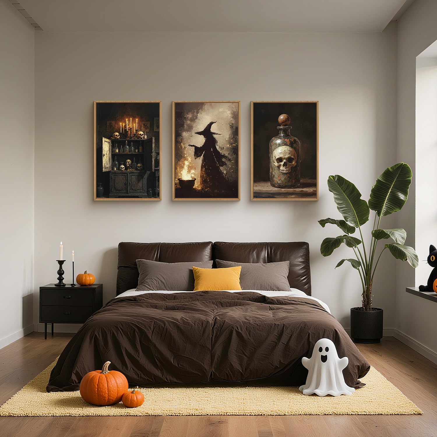 HPNIUB Halloween Witch Framed Canvas Wall Art Set, Terrifying Skeleton Poster Artwork, Vintage