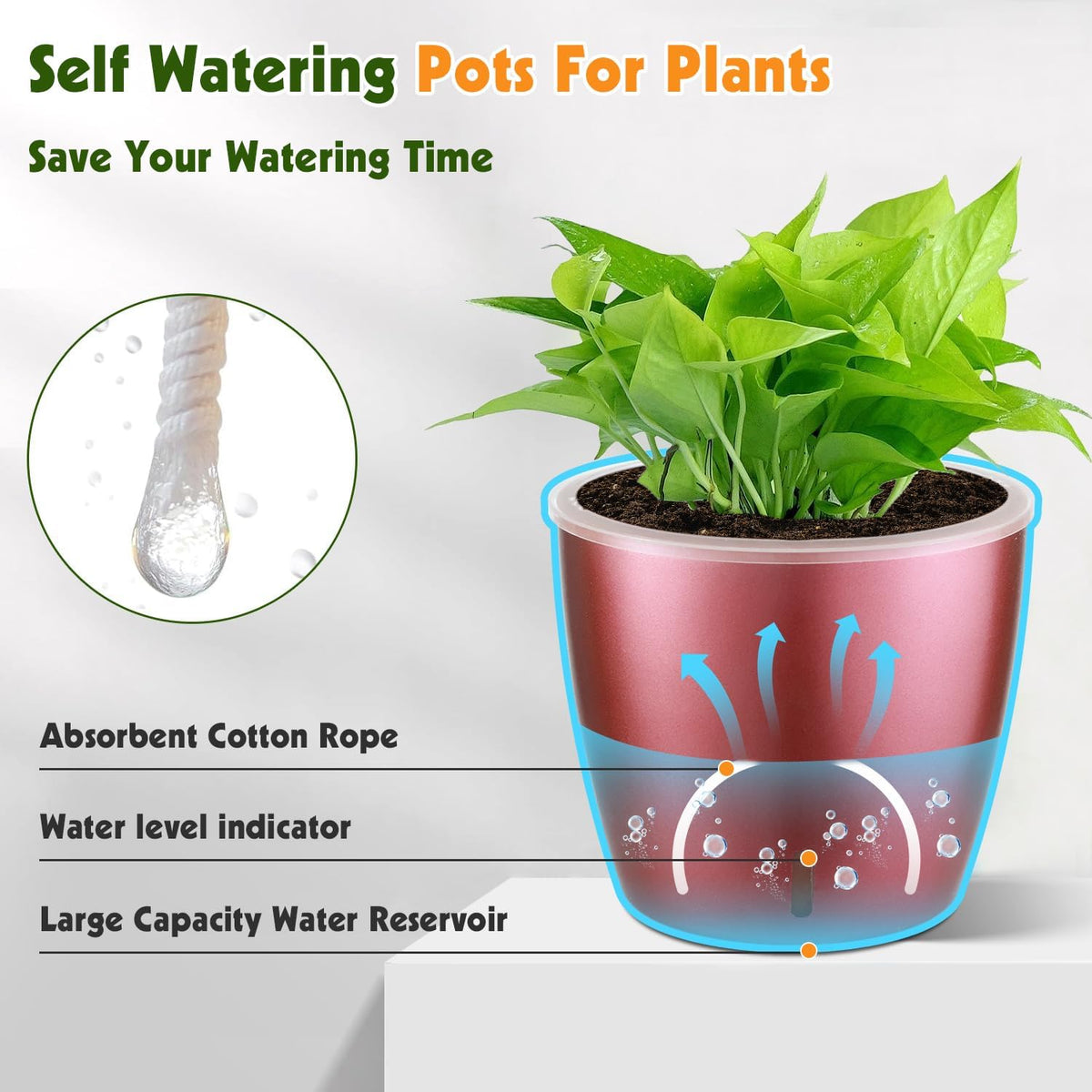 Self Watering Pots for Indoor Plants, 4-Pack 6.7'' Self Watering Planter with Drainage Holes, Small
