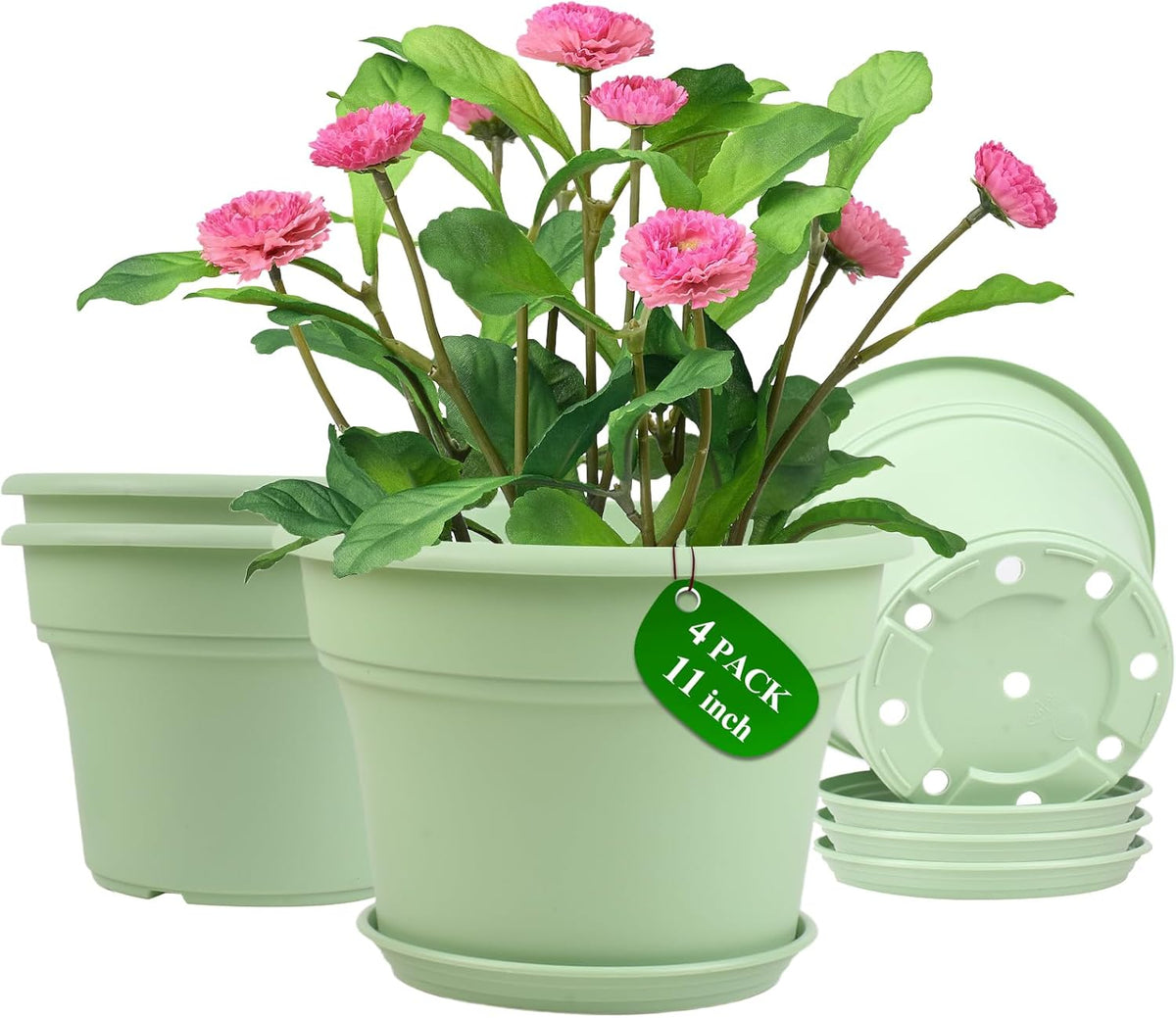11 Inch Plastic-Flower-Pot-for-Indoor-Plants, 4 Pack Large Outdoor Planter Pot with Drainage Holes