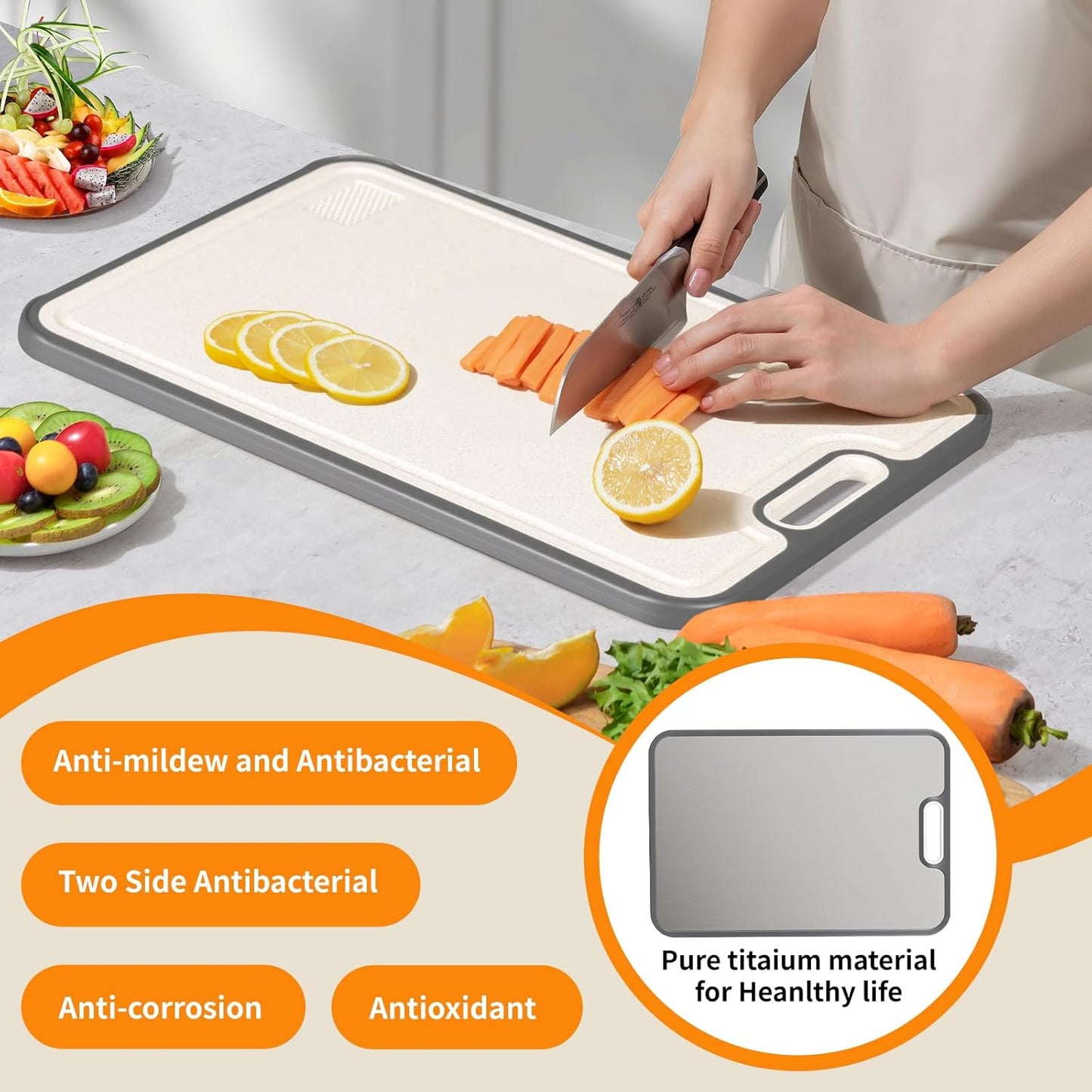 Titanium cutting boards for Kitchen,Double Sided Food Grade,Pure Titanium and Wheat Straw PP