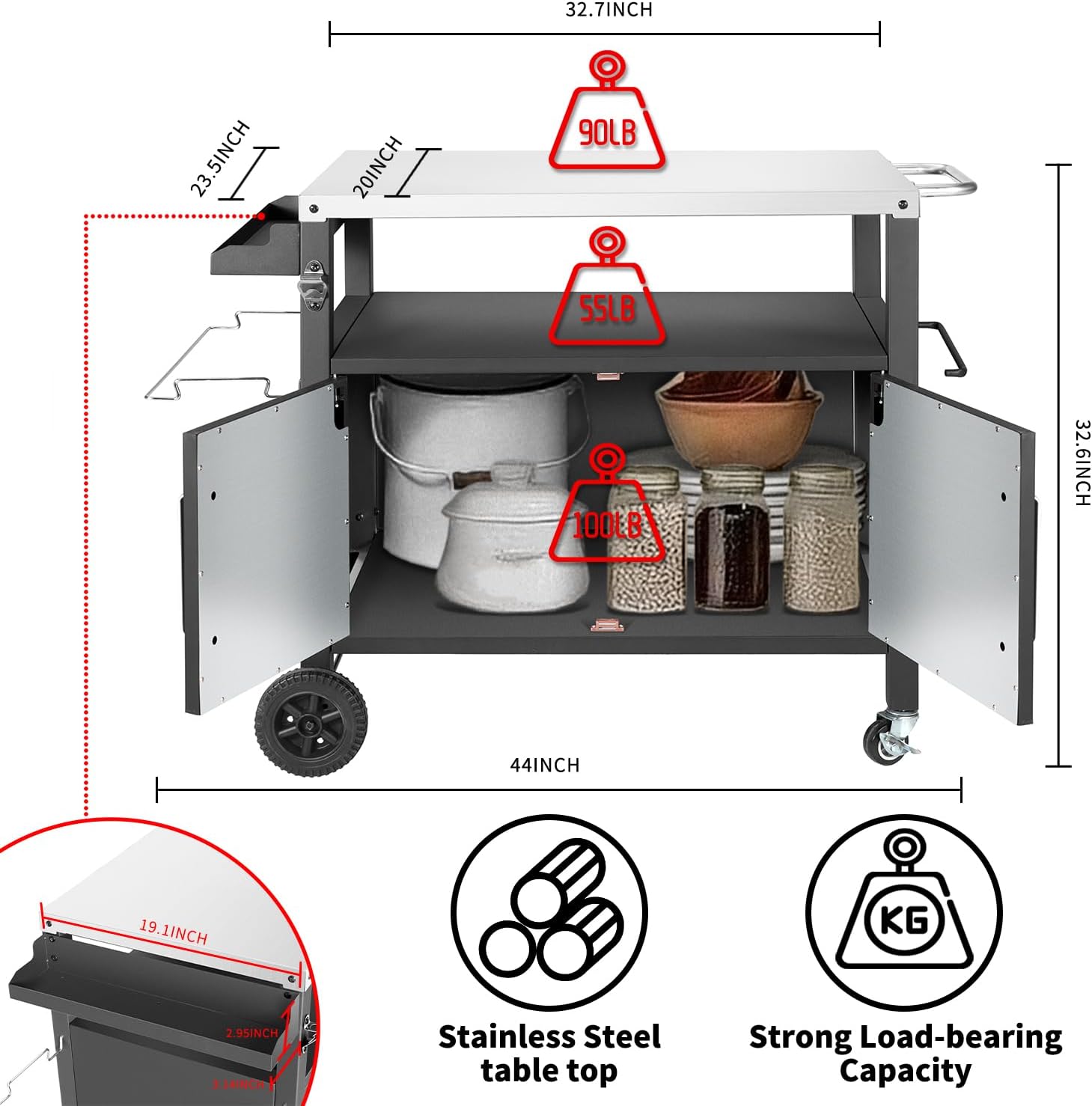 Grill Cart Table with Big Storage Cabinet, Movable Outdoor Dining Cart Pizza Oven Stand, Kitchen