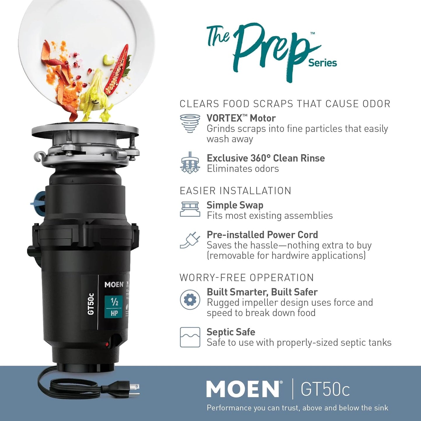 Moen Prep Series Disposer 1/2 Horsepower Continuous Feed Garbage Disposal featuring Fast Track