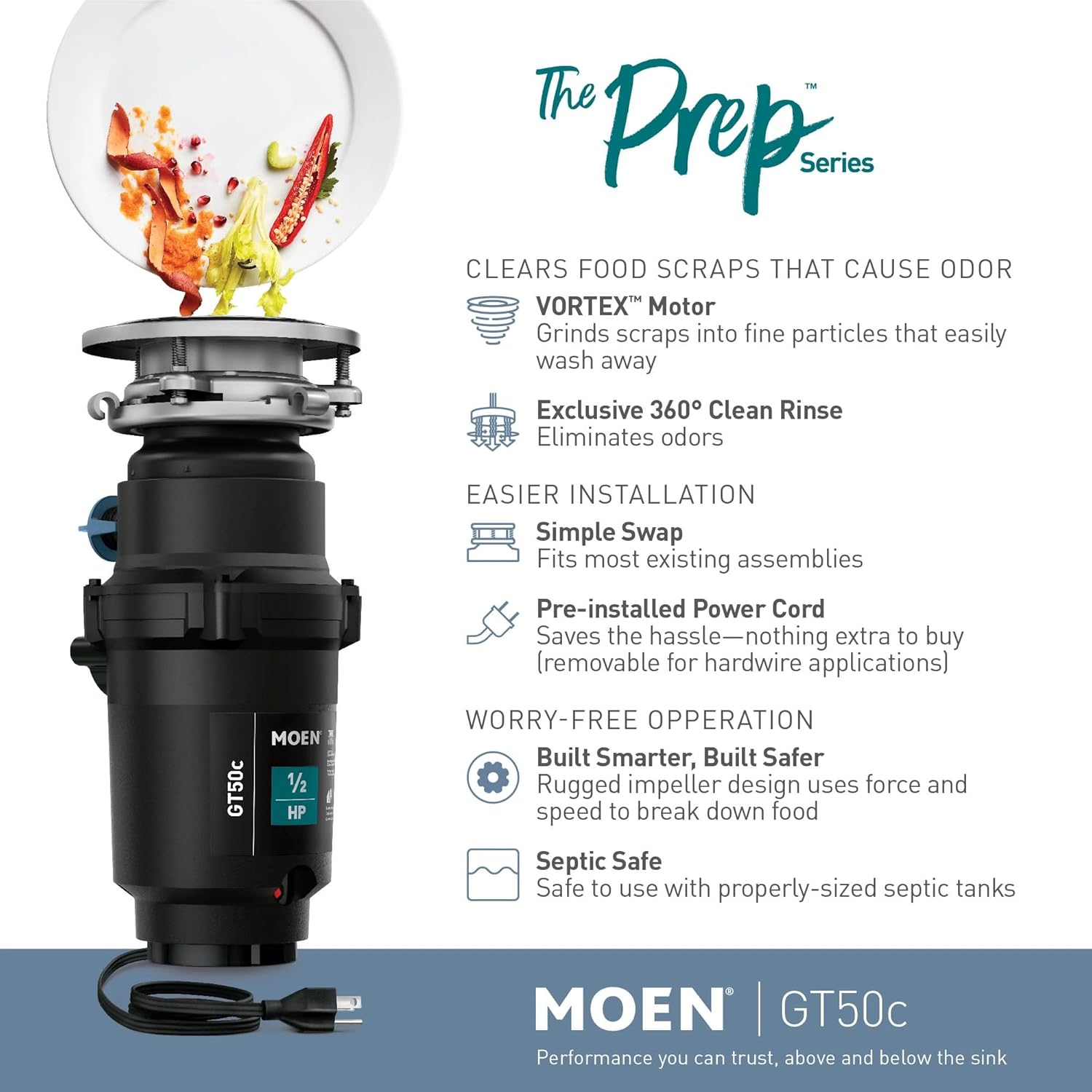 Moen Prep Series Disposer 1/2 Horsepower Continuous Feed Garbage Disposal featuring Fast Track