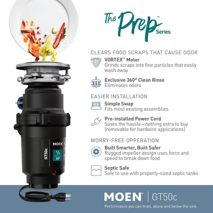 Moen Prep Series Disposer 1/2 Horsepower Continuous Feed Garbage Disposal featuring Fast Track