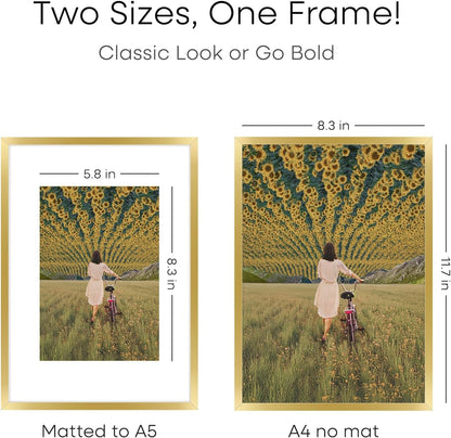 Homeforia A4 Gold Picture Frame, High End Metal 8.3 x 11.7 Frames for Wall or Tabletop, Gold A4