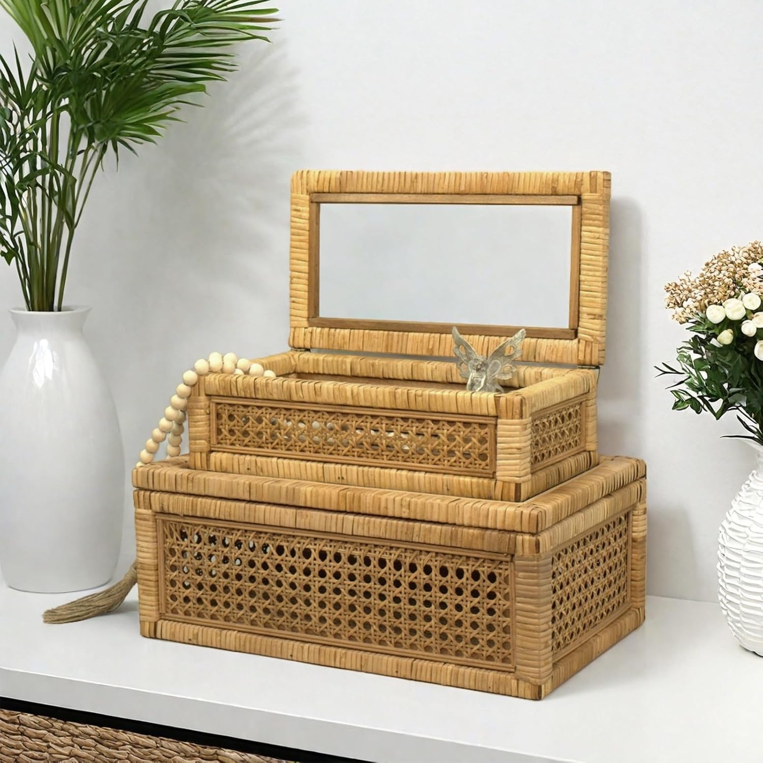 Rattan Box for Home Decor with Lid - Rectangular Coastal Bohemian Style Stackable Decorative