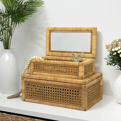 Rattan Box for Home Decor with Lid - Rectangular Coastal Bohemian Style Stackable Decorative