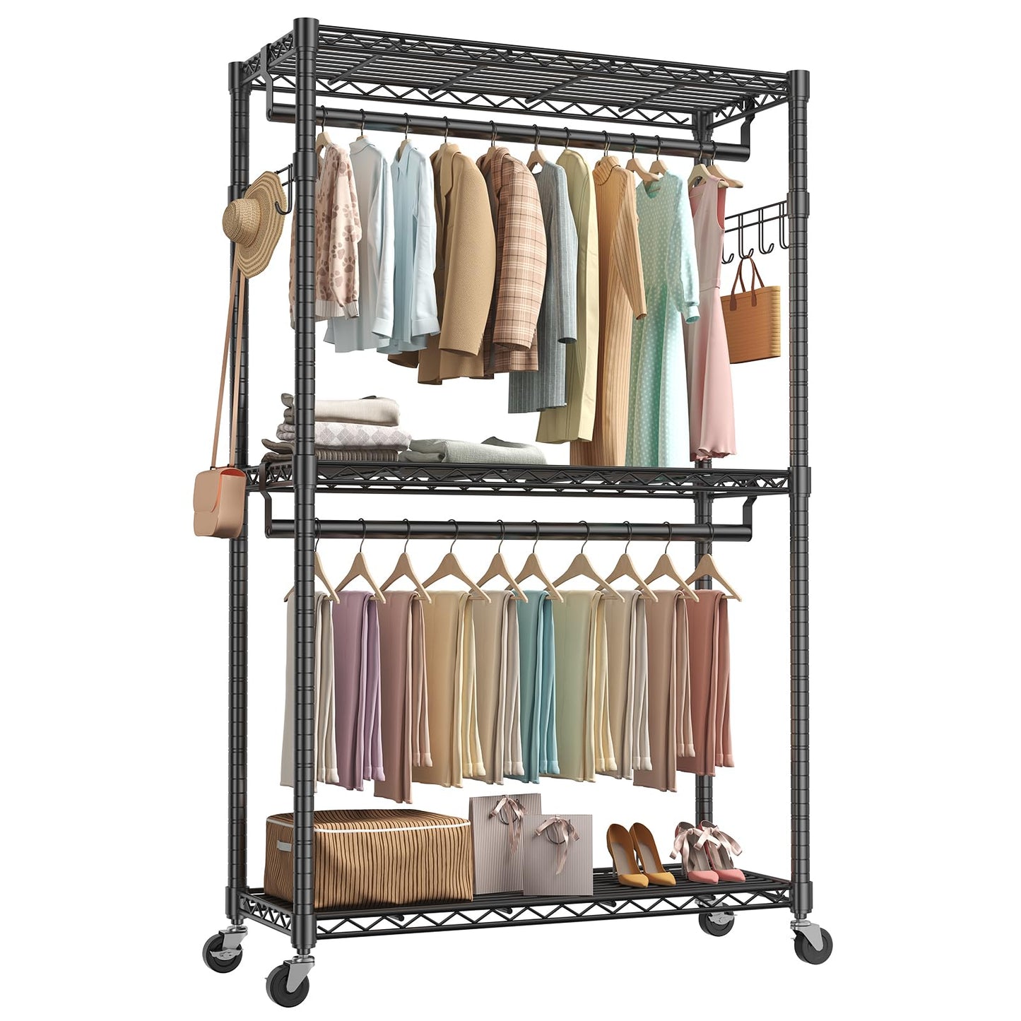 OLIXIS Rolling Clothes Rack, Heavy Duty Garment Rack, 47 IN, Metal Black