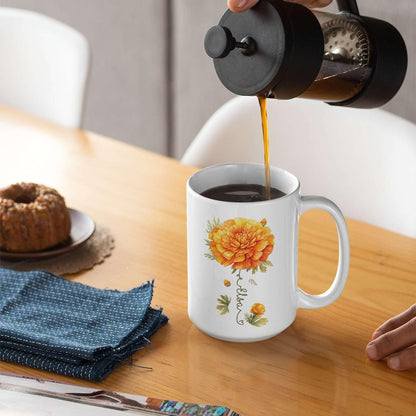 Unique Marigold Themed Ceramic Mug, Personalized Name Flower Accent Cup, Lovely Floral Coffee Mug
