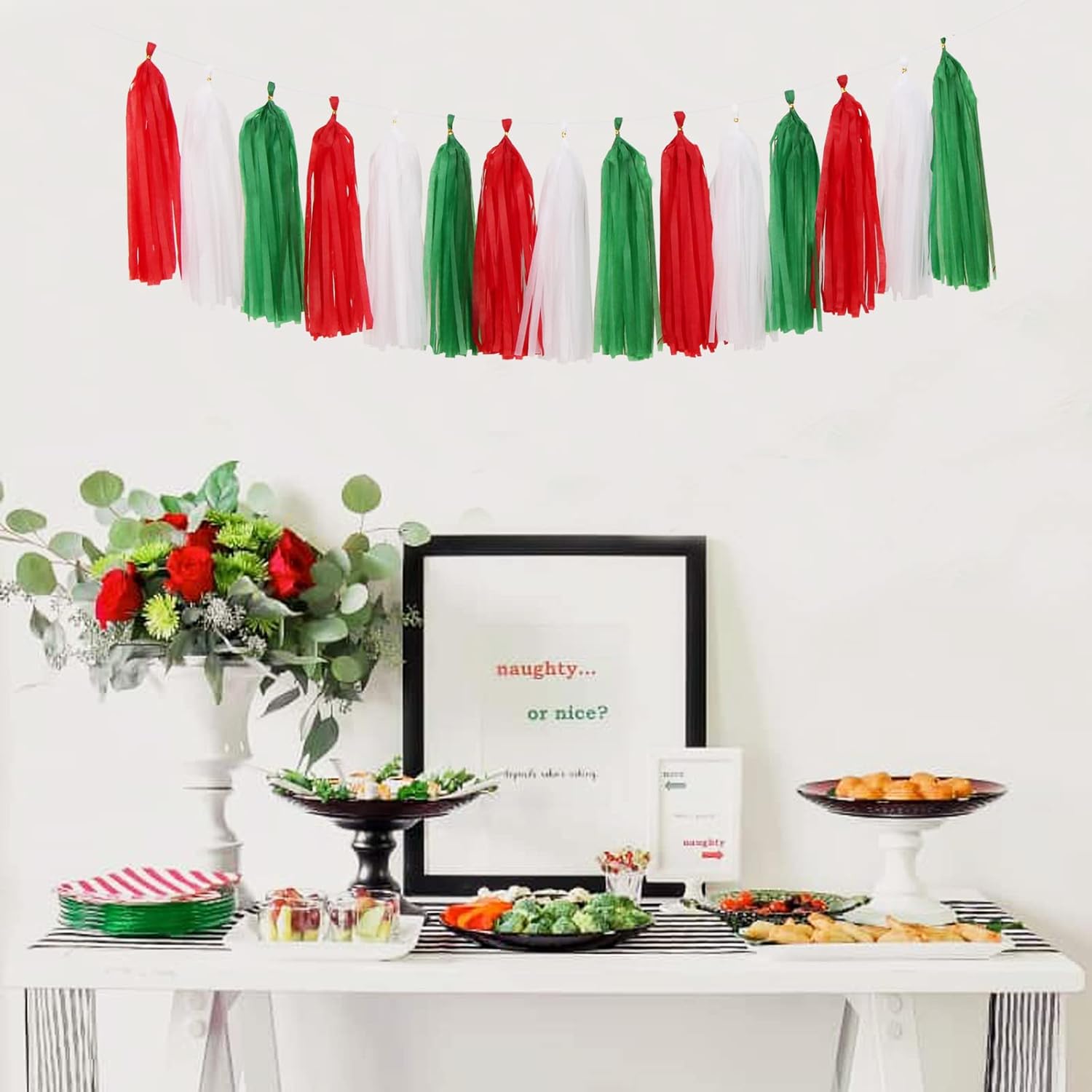 Red-Green White Christmas Party-Decorations Tassel-Garland -15pcs Mexico Italy Tassels Banner