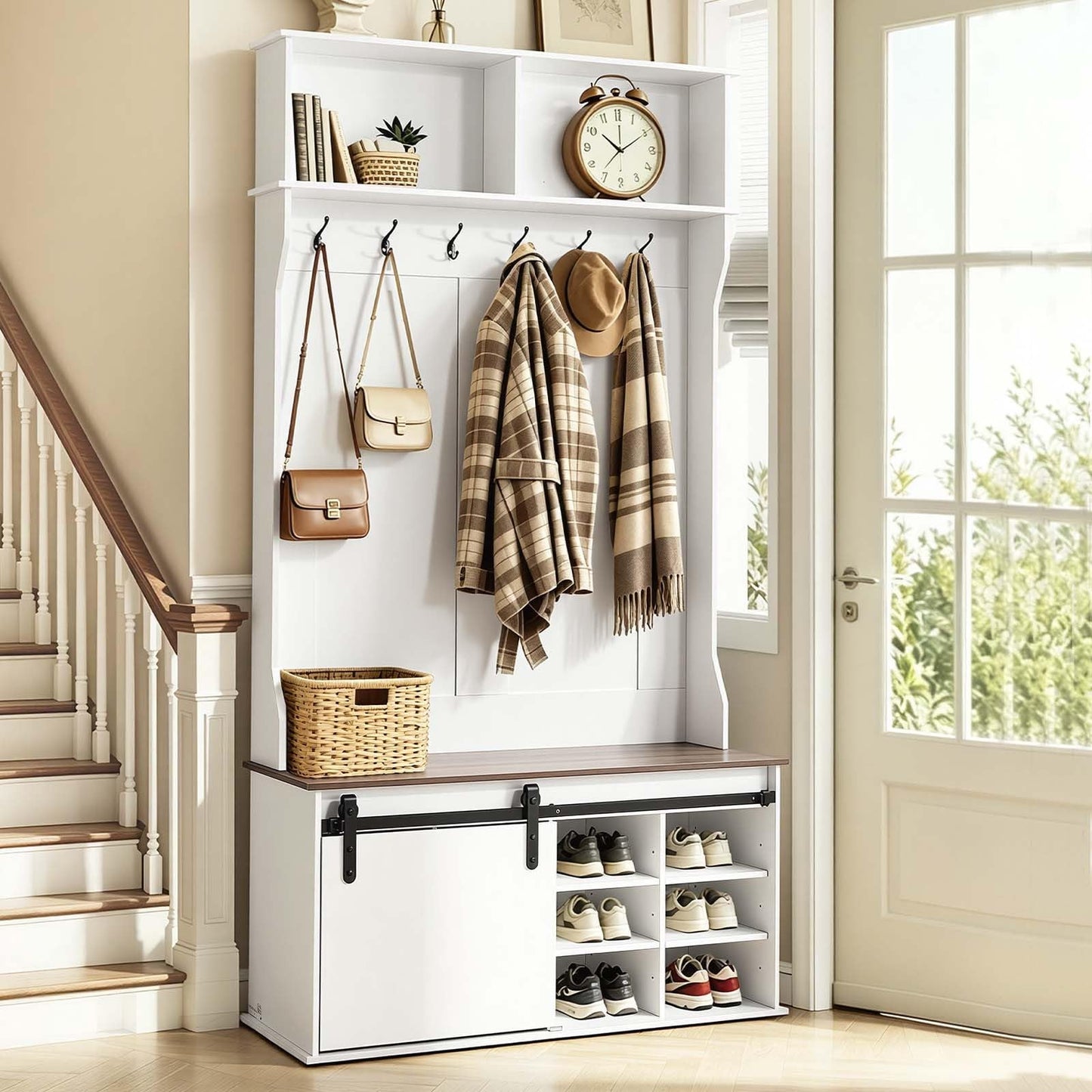 VEVOR Hall Tree with Bench and Shoe Storage, 42" Wide, Entryway Hall Tree with Bench, Hanging