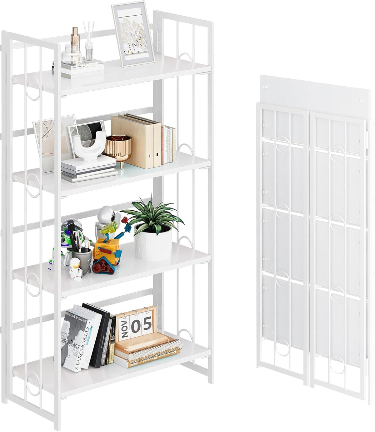 4NM No Assembly 4 Tiers Folding Bookshelf, 47.2" H Foldable Storage Shelves Vintage Bookcase