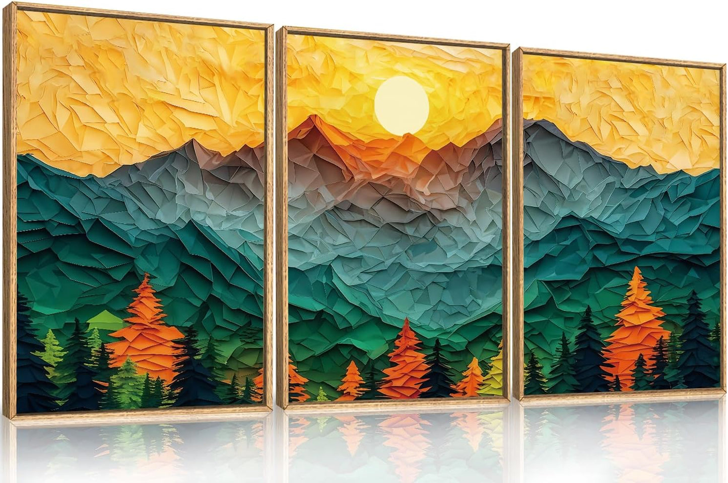 Abstract Mountain Framed Canvas Wall Art Set, Forest Pine Tree Golden Sunset Wall Decor, Mixed