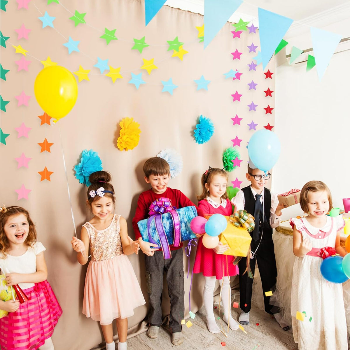 Patelai Glitter Star Garland Banner Decor 130 Feet Star Hanging Bunting Banner Twinkle Backdrop for