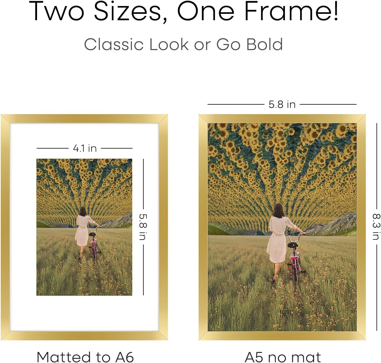 Homeforia A5 Picture Frame Gold, High End Metal 5.8 x 8.3 Frames Matted to 4.1 by 5.8 inch Photo