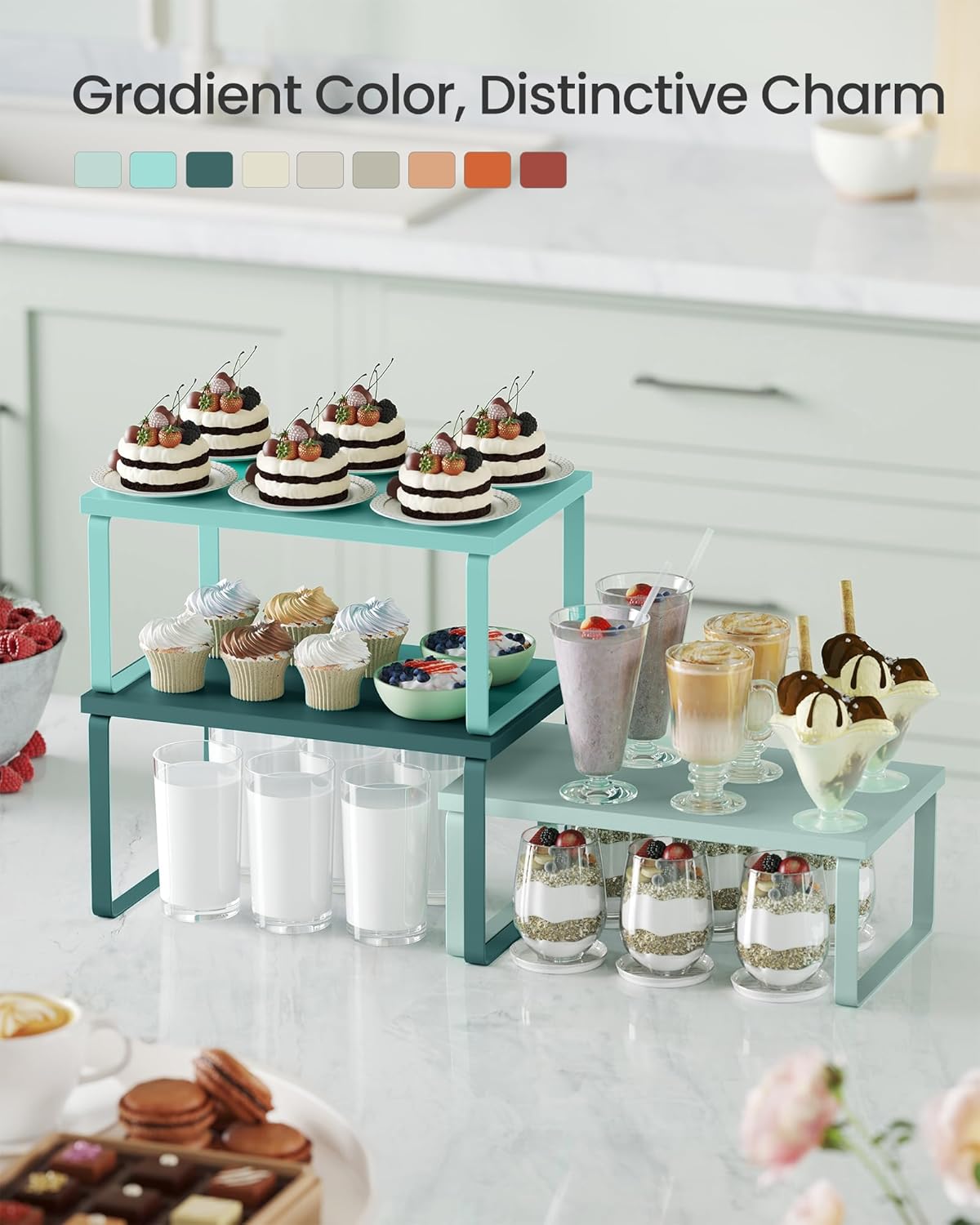 SONGMICS Cabinet Organizer Shelf, Set of 3 Kitchen Counter Shelves, Kitchen Storage, Spice Rack
