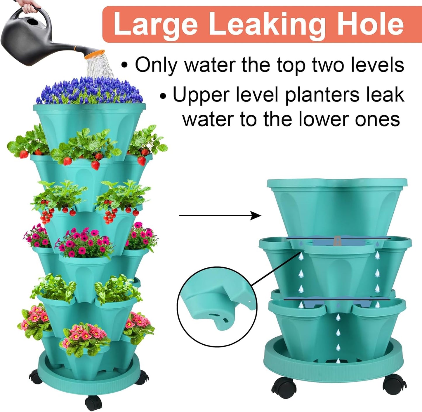DUNCHATY Stackable Planter, Vertical Garden Planter with Wheels and Tools, Self Watering Strawberry