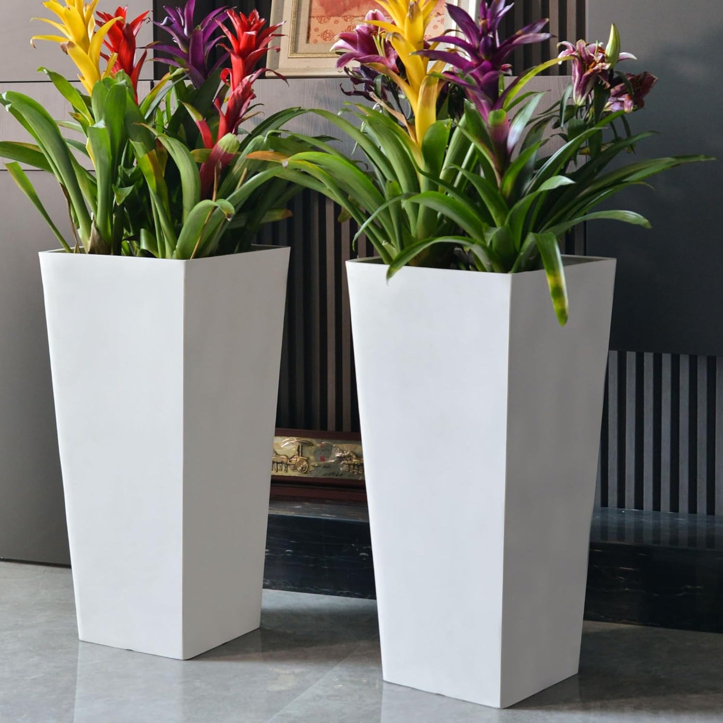 GreenShip 27" Tall Planters, Set of 2 – Black Outdoor Planter for Front Porch & Tall Plants