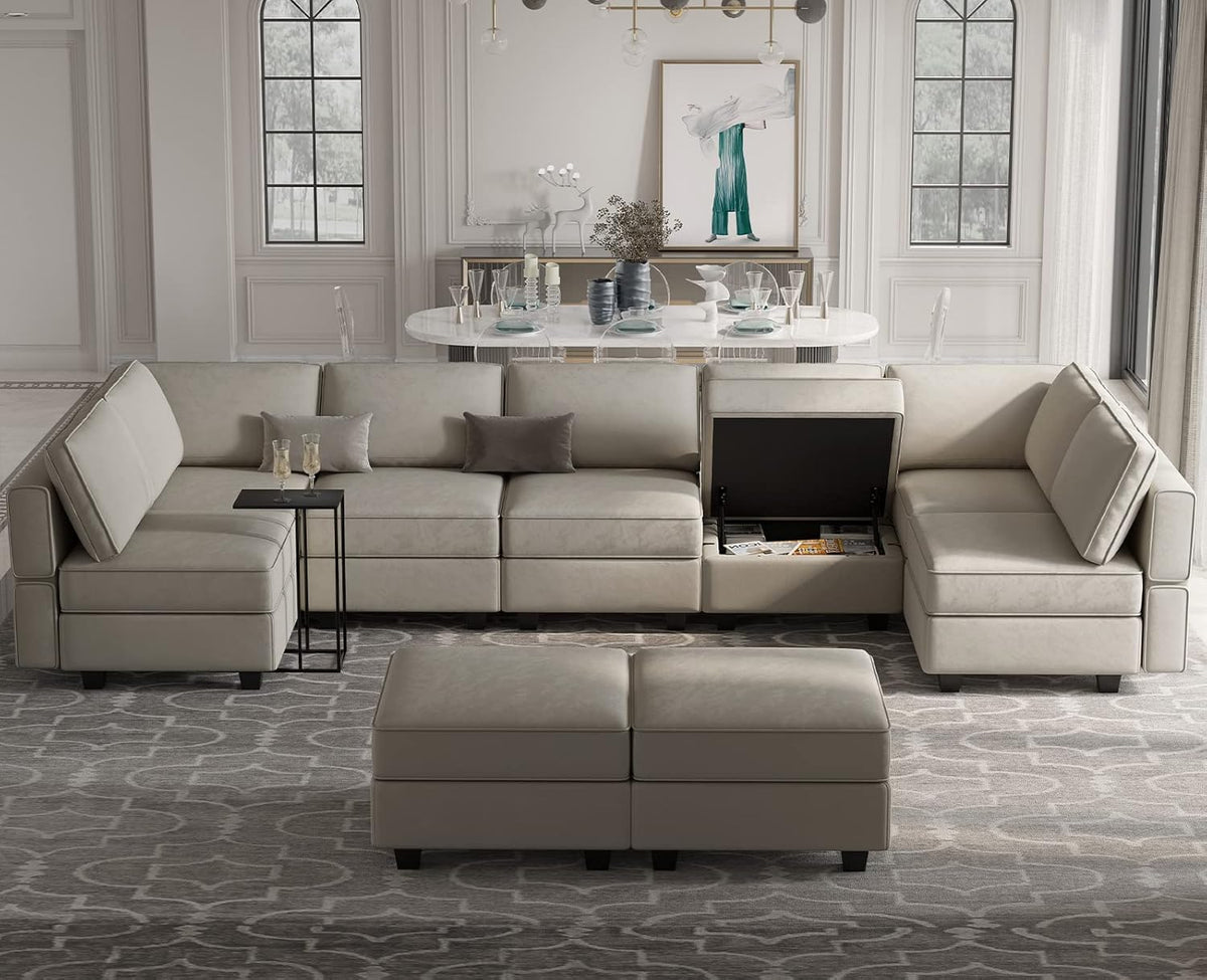 Belffin Modular Sectional Sofa with Ottomans Velvet Reversible Chaise Sleeper Bed Storage Seat