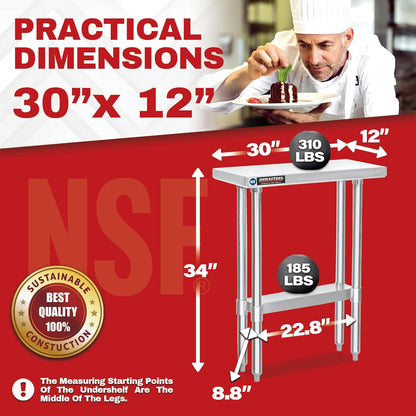 DuraSteel 30x12 Narrow Stainless Steel Table - NSF Small Food Prep Worktable - Counter Height Metal