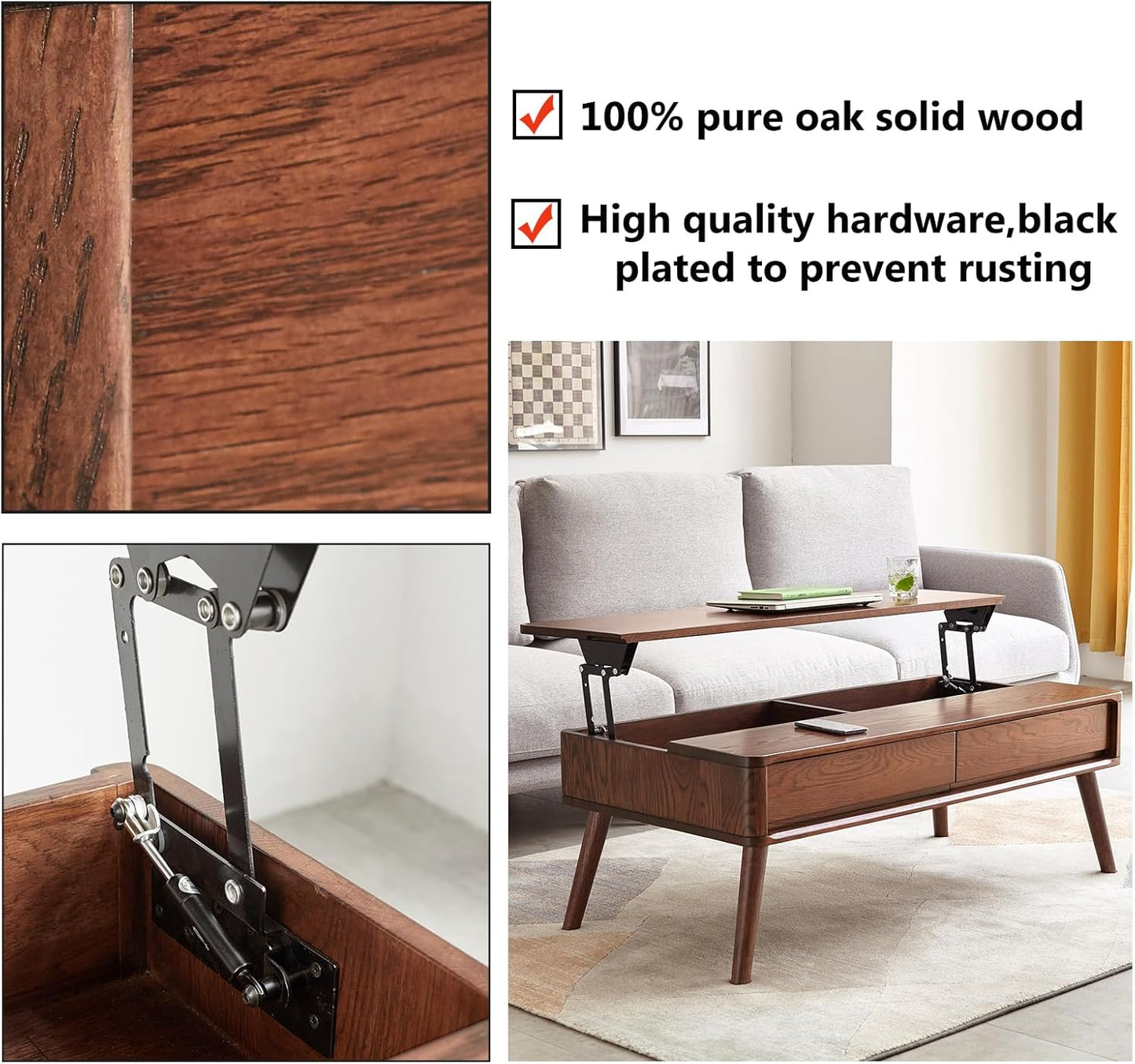 Solid Oak Wood Lift Top Coffee Table for Living Room, Mid Century Modern Tables with Drawers and