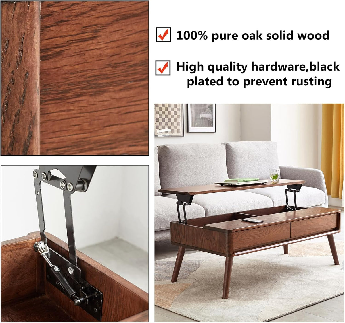 Solid Oak Wood Lift Top Coffee Table for Living Room, Mid Century Modern Tables with Drawers and