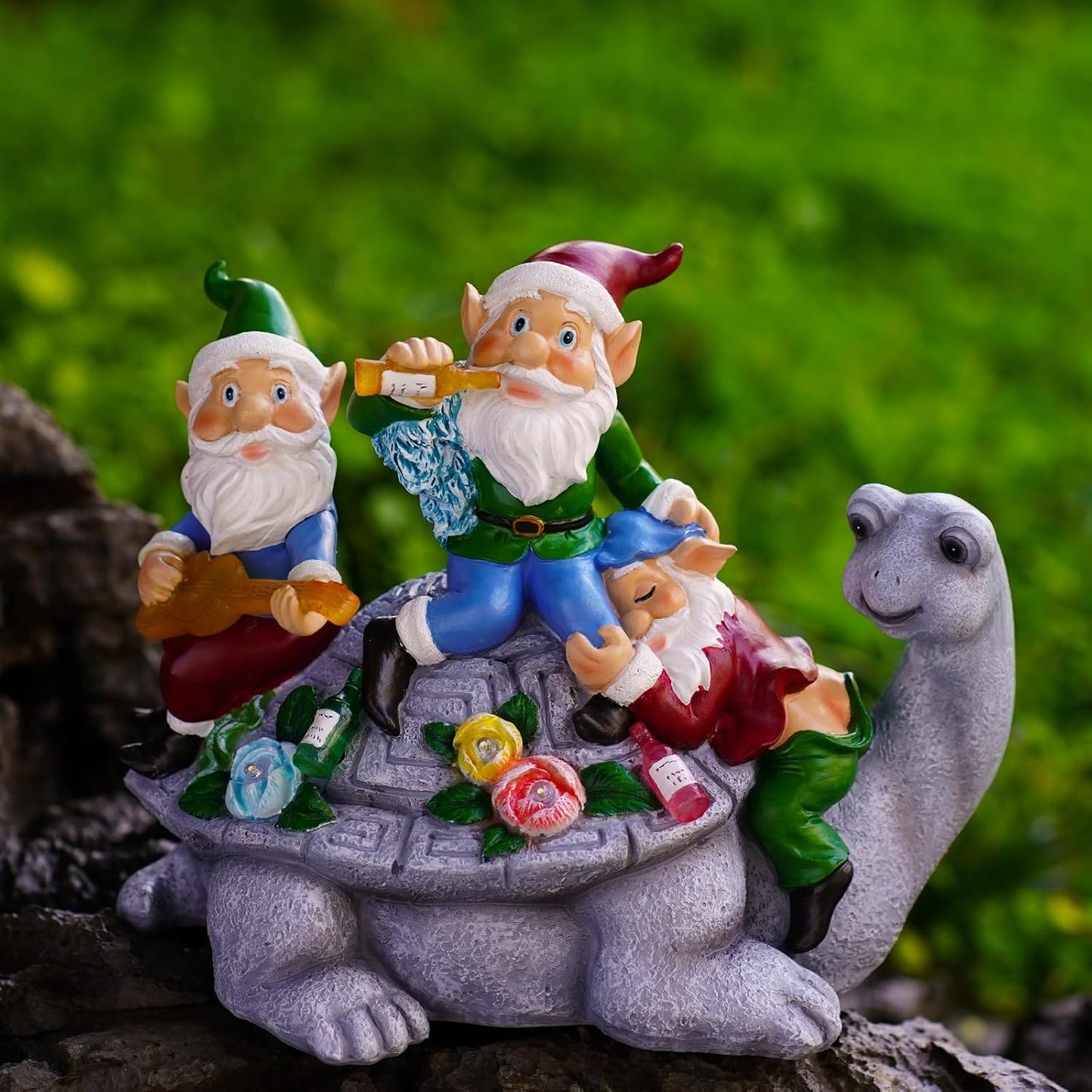 Upgraded Size Solar Garden Outdoor Statues Three Gnomes having party on turtle with 7 LED Solar