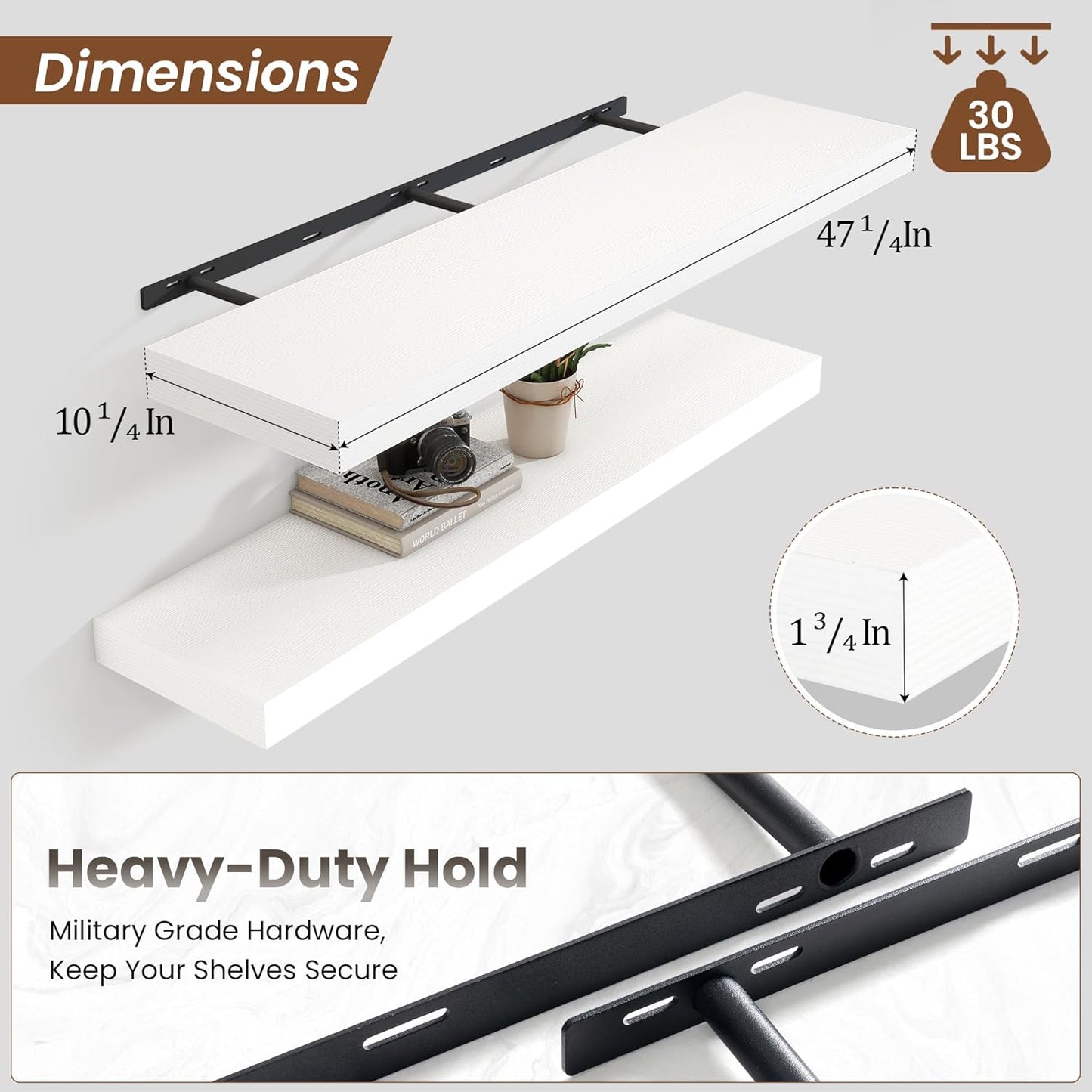 Heimlove 48" White Floating Shelves for Wall,10 Deep Rustic Wood Display & Storage Wall Shelves