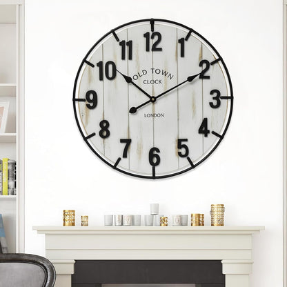 Large Old Town Farmhouse Wall Clock – 24 Inches Rustic Antique Wood with Metal Circle and Large