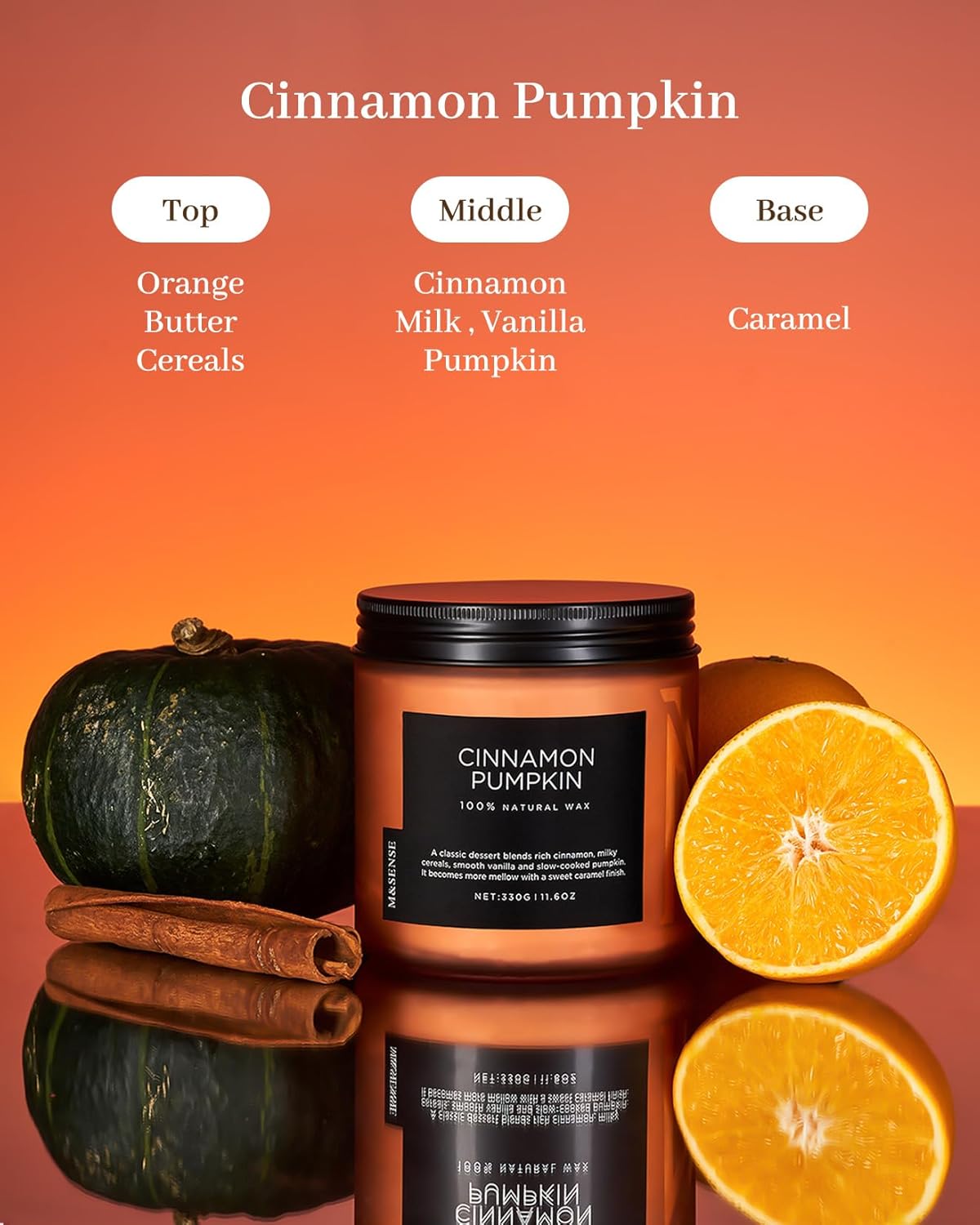 M&SENSE Cinnamon Pumpkin Fall Scented Candles, 11.6oz Soy Natural Candles 70 Hours Long Lasting