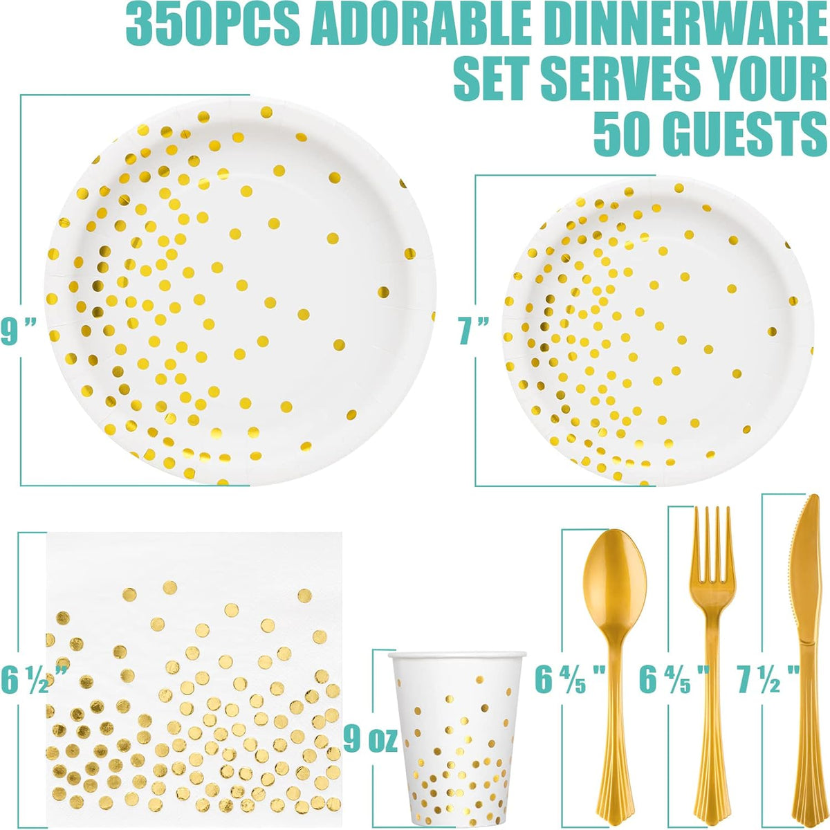 White and Gold Party Supplies, 350PCS Disposable Dinnerware Set w/White Paper Plates Napkin Cups