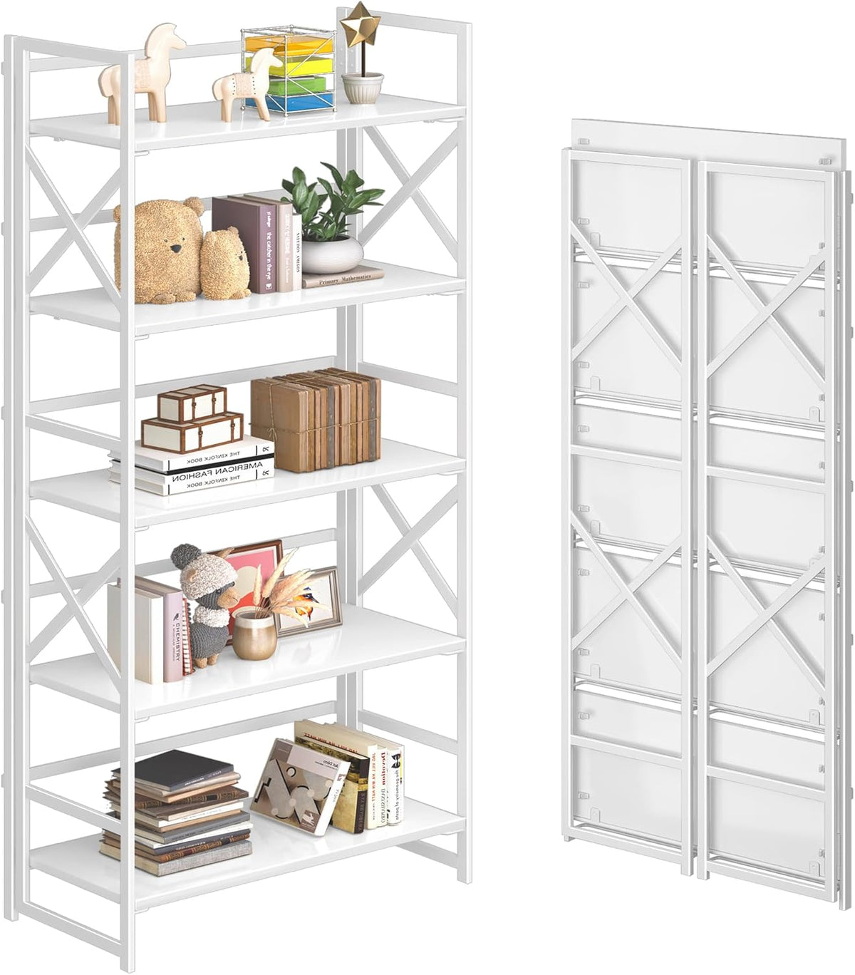 4NM 5 Tiers No Assembly Book Shelves, 51.2" H Folding Bookshelf Bookcase Open Industrial Foldable