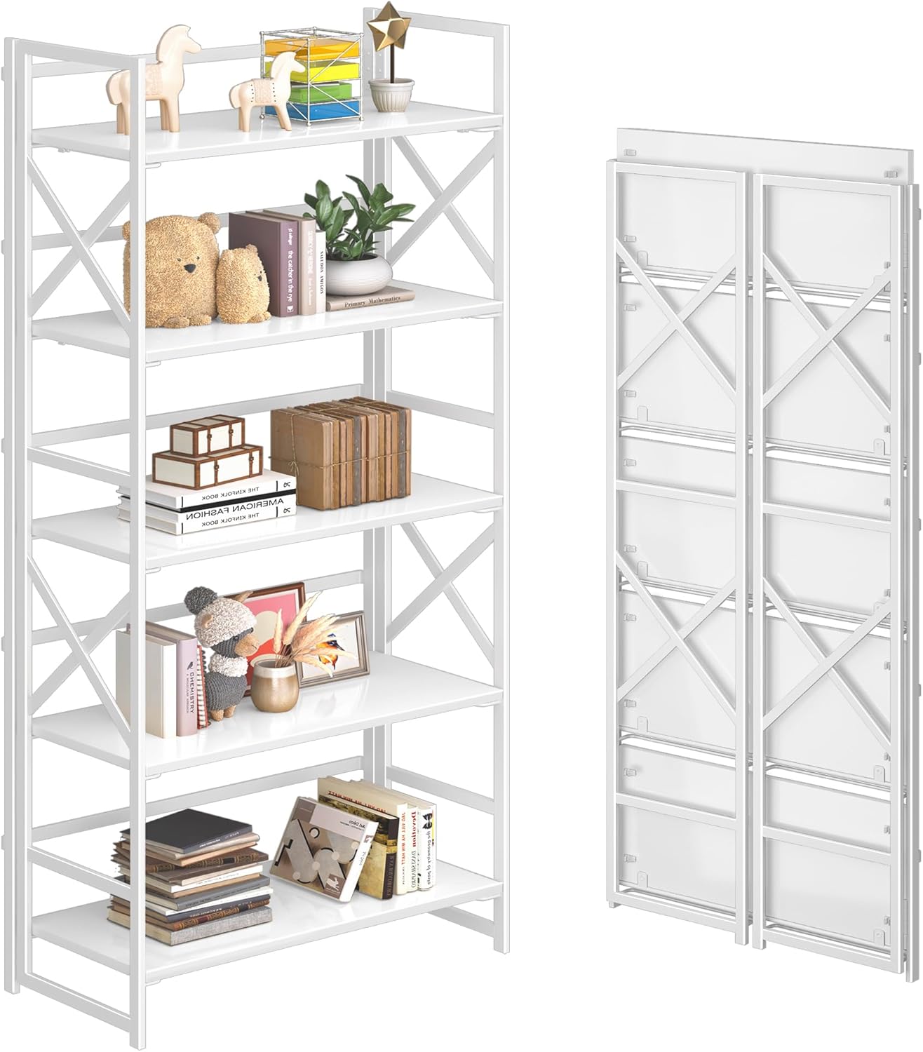4NM 5 Tiers No Assembly Book Shelves, 51.2" H Folding Bookshelf Bookcase Open Industrial Foldable