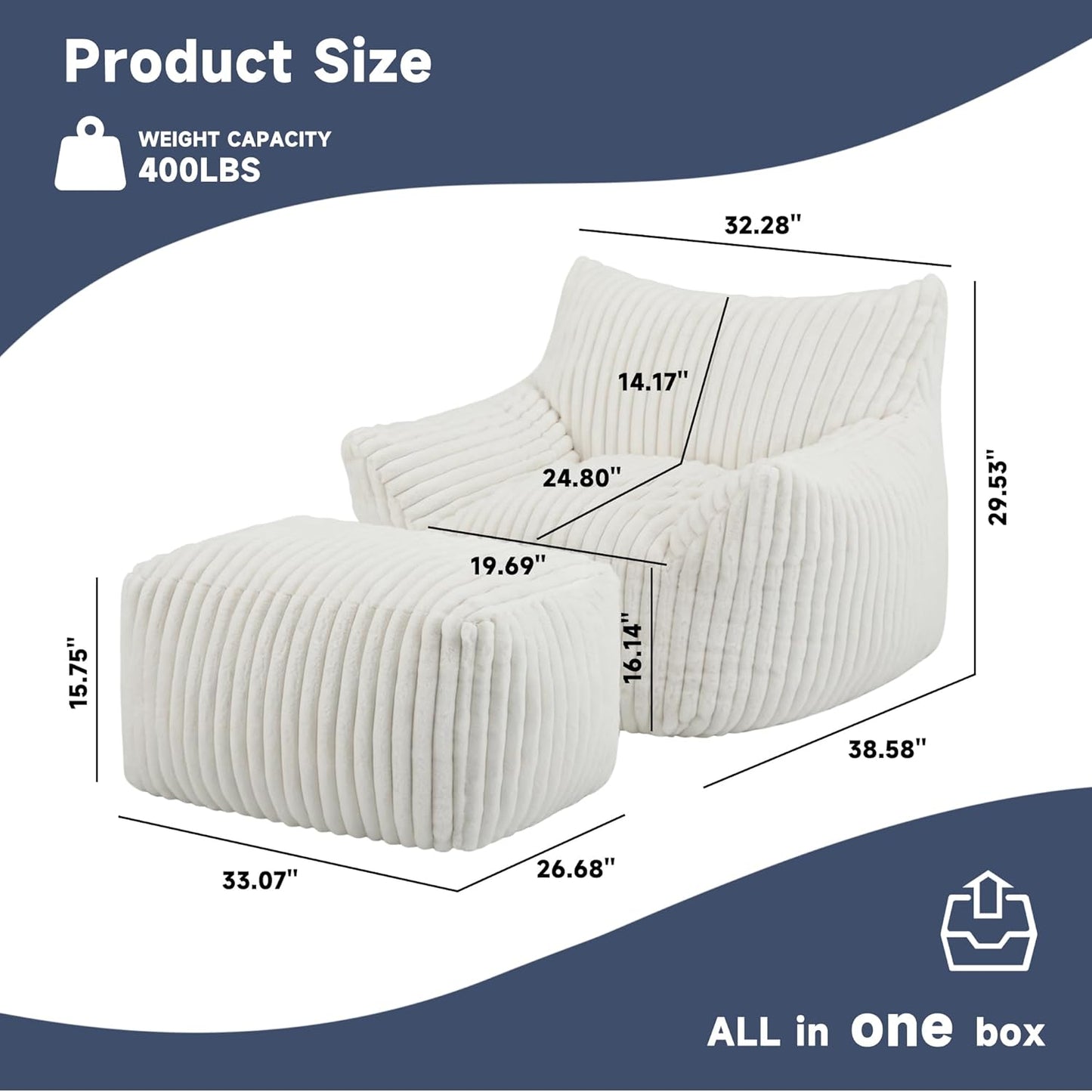 Giant Bean Bag Chairs for Adults, Oversized Chaise Lounge Chair Indoor with Memory Foam - Plush