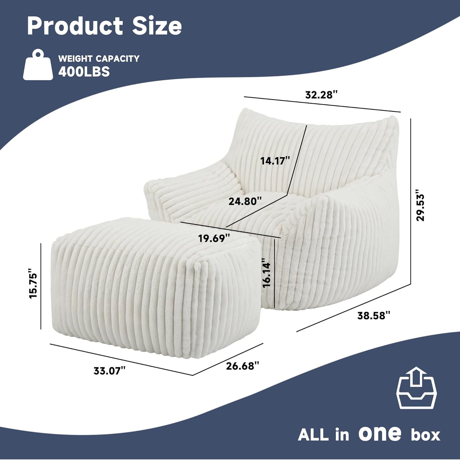 Giant Bean Bag Chairs for Adults, Oversized Chaise Lounge Chair Indoor with Memory Foam - Plush