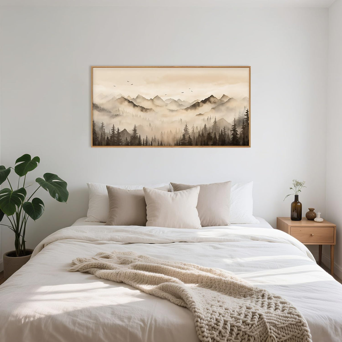 Nature Misty Forest Framed Canvas Wall Art Set, Foggy Landscape Wall Decor, Watercolor Pine Tree