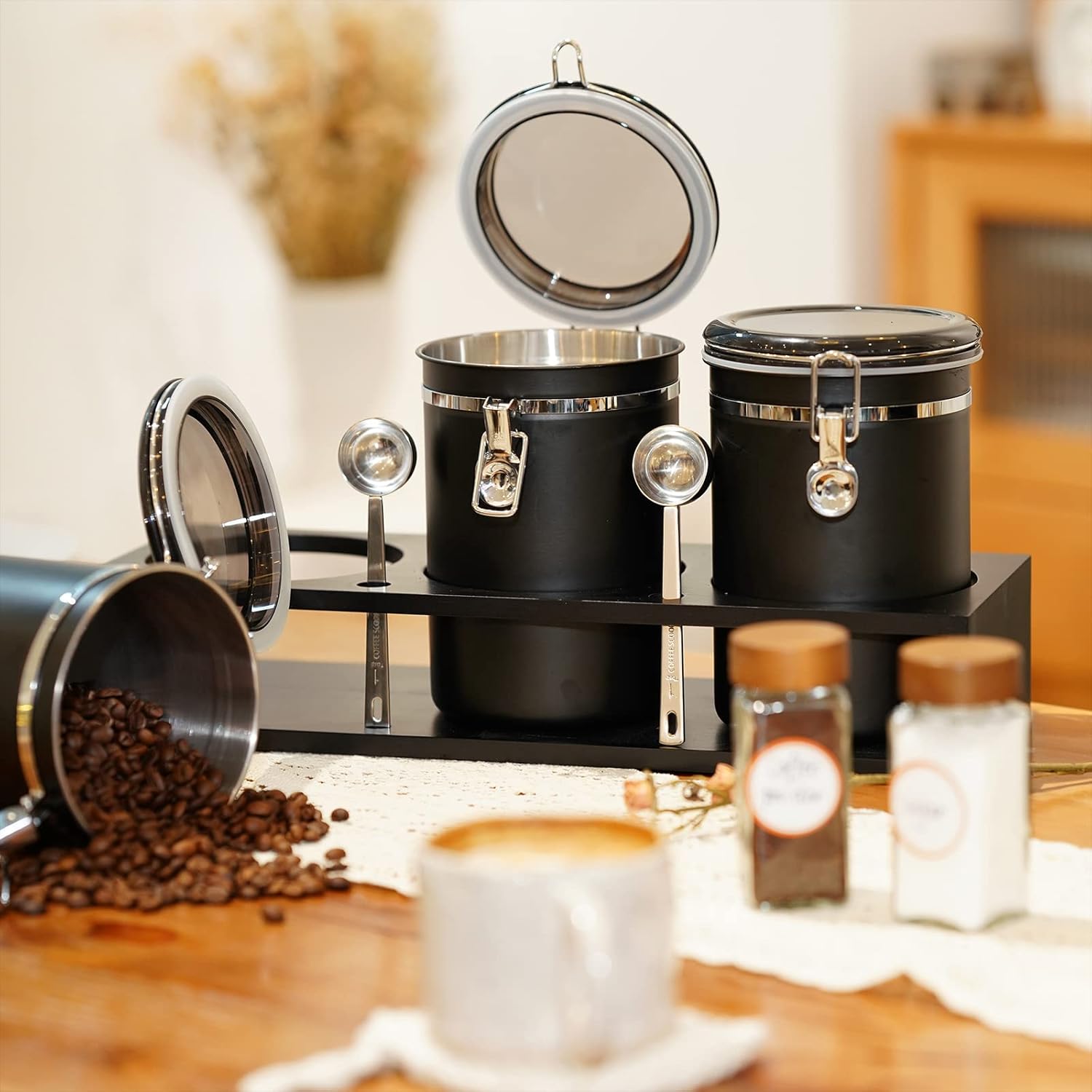 Yangbaga 3x63OZ Sugar Coffee Canisters with Shelf, 304 Stainless Steel Coffee Station Container for